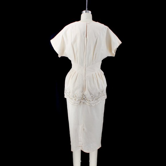 Vintage 80s Dress Ramie Cotton Lace Cutwork Embroidery Peplum Beige Midi 8 - Picture 3 of 15